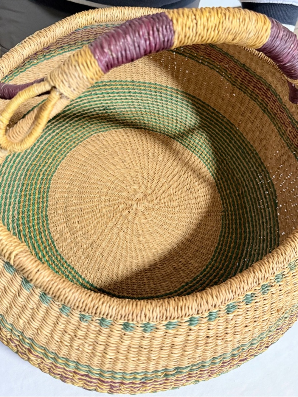 Vintage Ghana African Market Bolga Basket Hand Woven Natural Grass 15” Round